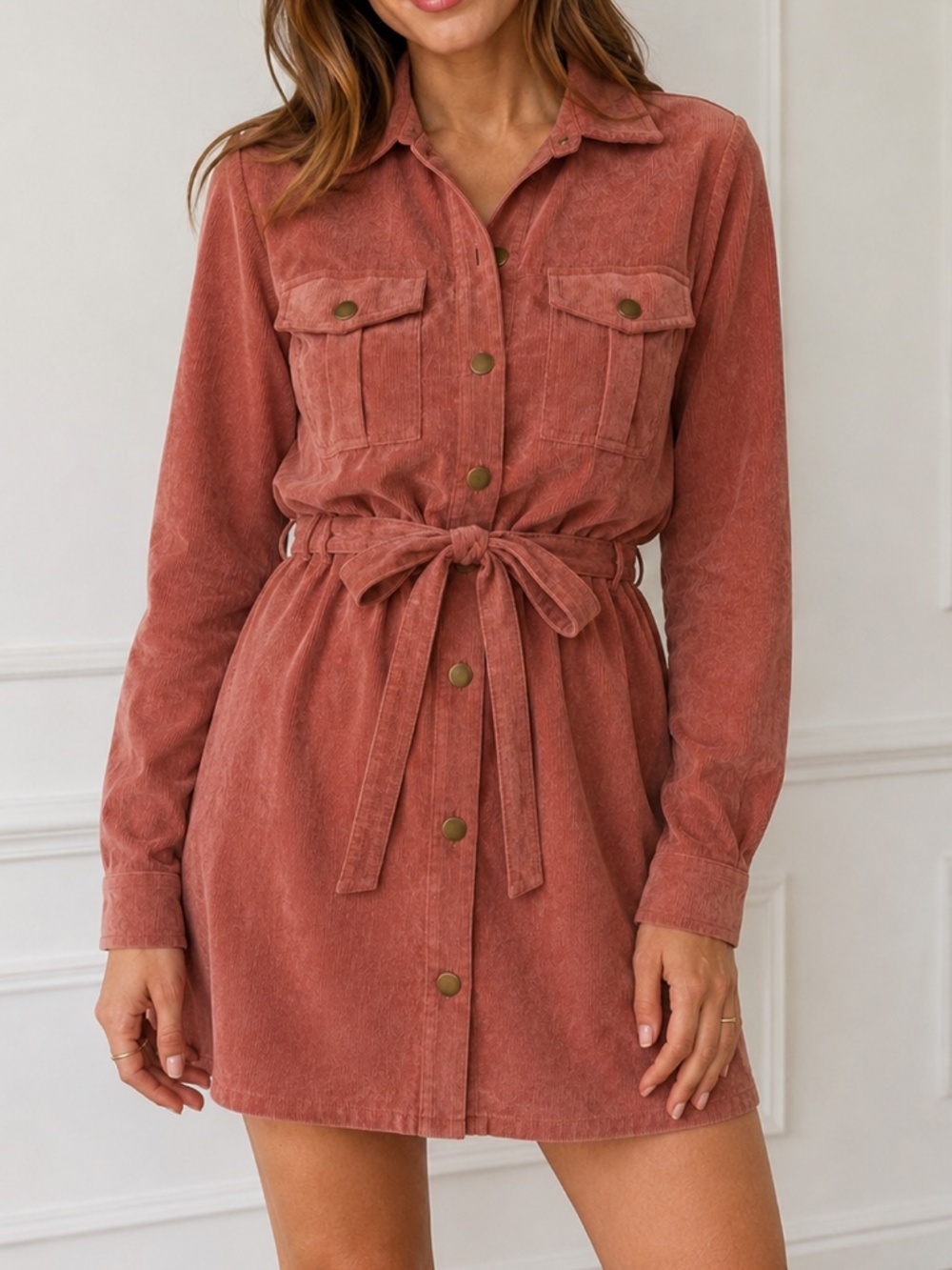 Whiteroom + Cactus Mauve Corduroy Utility Shirt Dress Belted Small